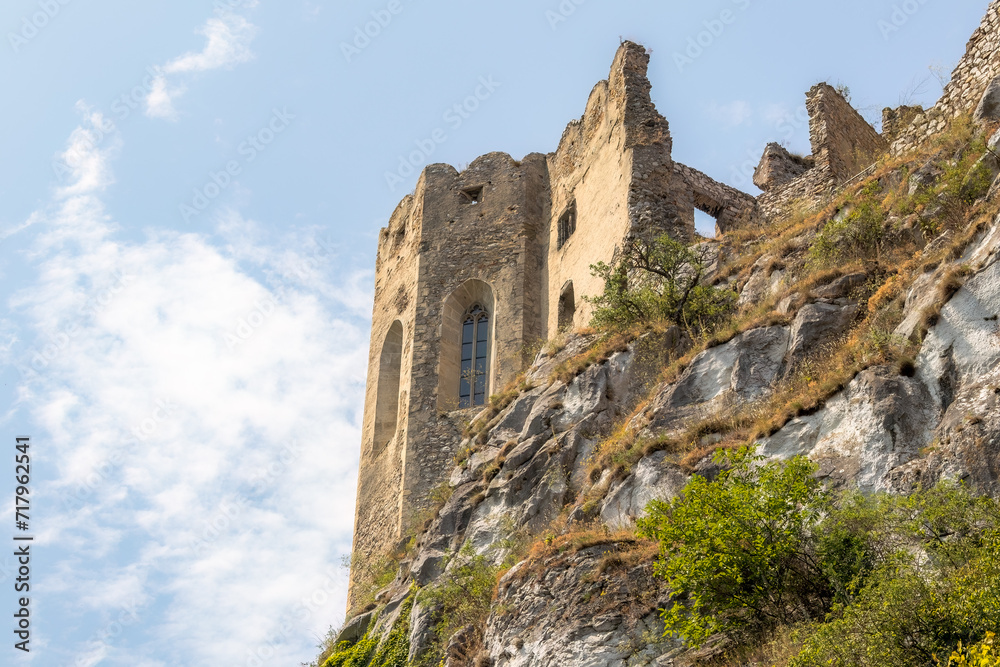 The remains of the castle wall of the Beckov castle with windows, standing on an overgrown rock cliff.