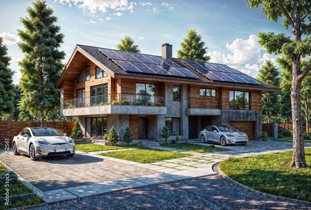 A modern house with solar panels on the roof and a electric car parked in the driveway.