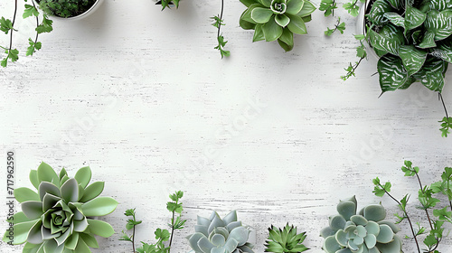 minimalist background with various succulents on a painted white wooden desk, top view, copyspace Clipping path low key lighting, 