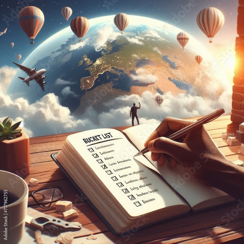 Close-up of a hand writing a bucket list in a notebook, travel-themed backdrop.
