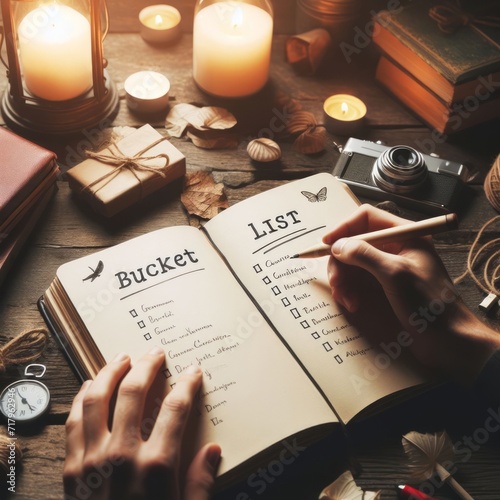 A notebook page filled with hand-illustrated bucket list items, suggesting planning and dreams