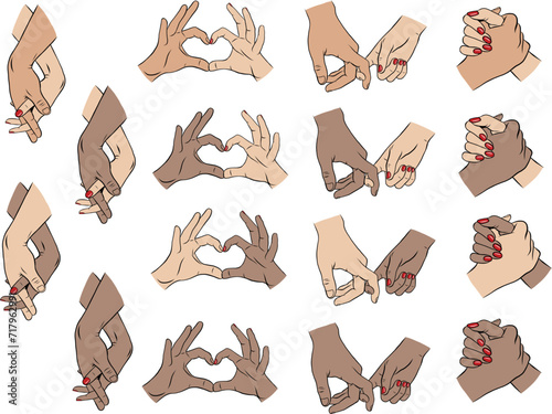 Vector hands, love and couple hands, vector set of couple hands different skin color, african american hands, black and white skin, Valentine's Day graphic (ID: 717962991)