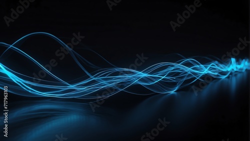 Smooth wavy single glowing blue neon light line on plain black background from Generative AI