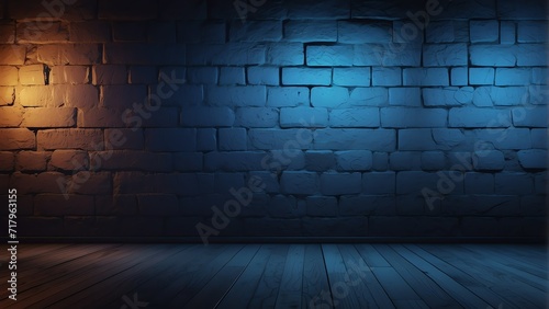 Wall texture with abstract grainy blue background and blur unfocused illuminated by neon light from Generative AI