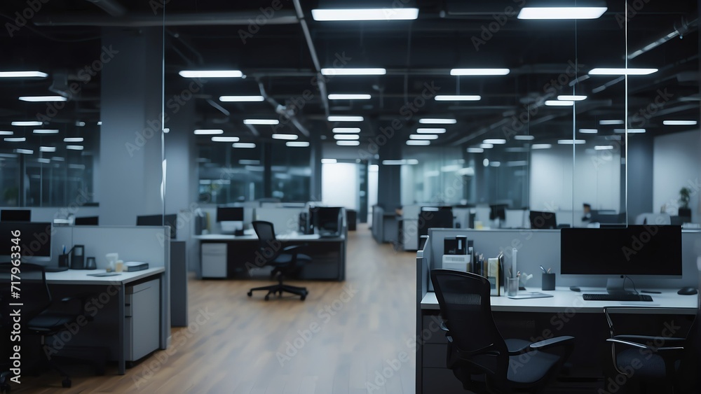 Beautiful blur defocused office background - tech office interior panoramic at night background from Generative AI