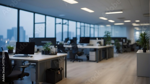 Beautiful blur defocused office background - tech office interior panoramic at night background from Generative AI © sevenSkies
