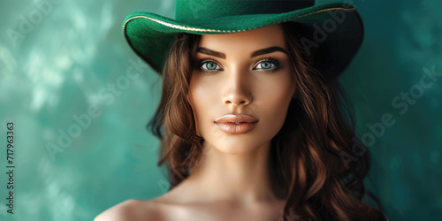 St. Patrick's Day. Portrait of a beautiful young woman wearing a leprechaun hat