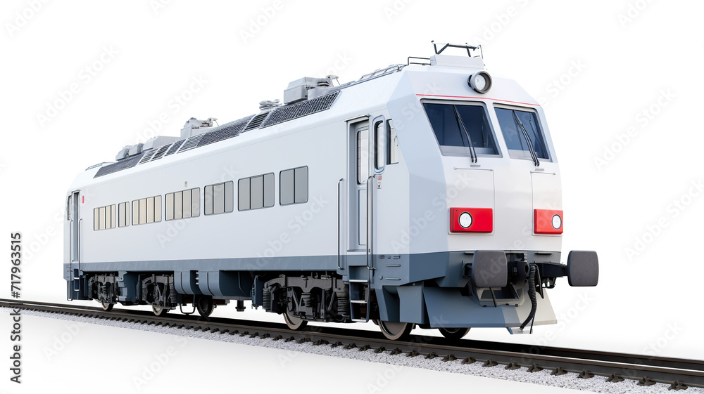 Realistic, contemporary train locomotive isolated on a railroad with an all-white background Realistic, contemporary train locomotive isolated on a railroad with an all-white background