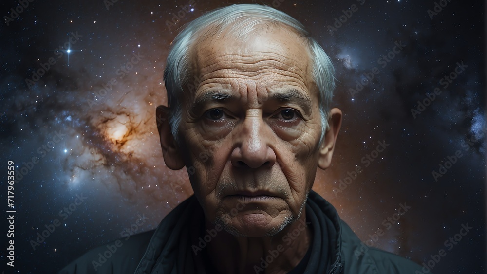 Human elderly male face embedded on space universe cosmos nebula galaxy texture concept background from Generative AI