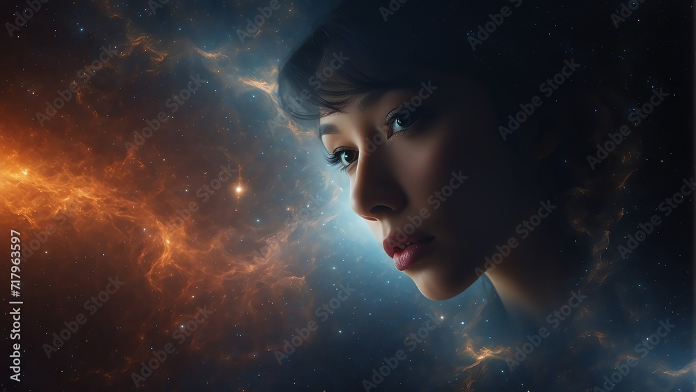 Human face embedded on space universe cosmos nebula galaxy texture concept background from Generative AI