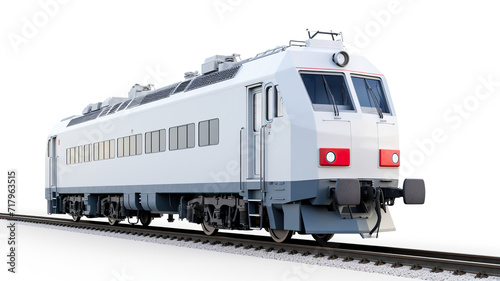Realistic, contemporary train locomotive isolated on a railroad with an all-white background © drizzlingstarsstudio