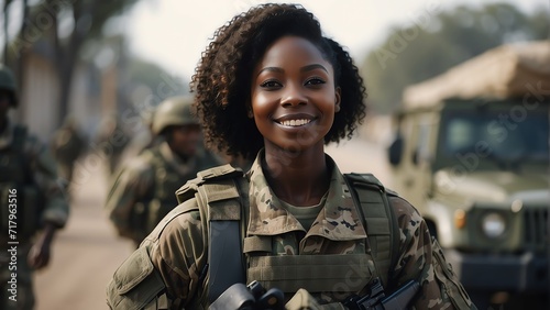 Happy young black african female soldier in camouflage uniform returning home from duty in army deployment from Generative AI photo