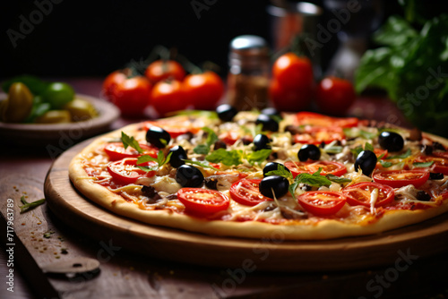 pizza with tomatoes and olives, in the style of soft-focus, precisionist, earthy elegance