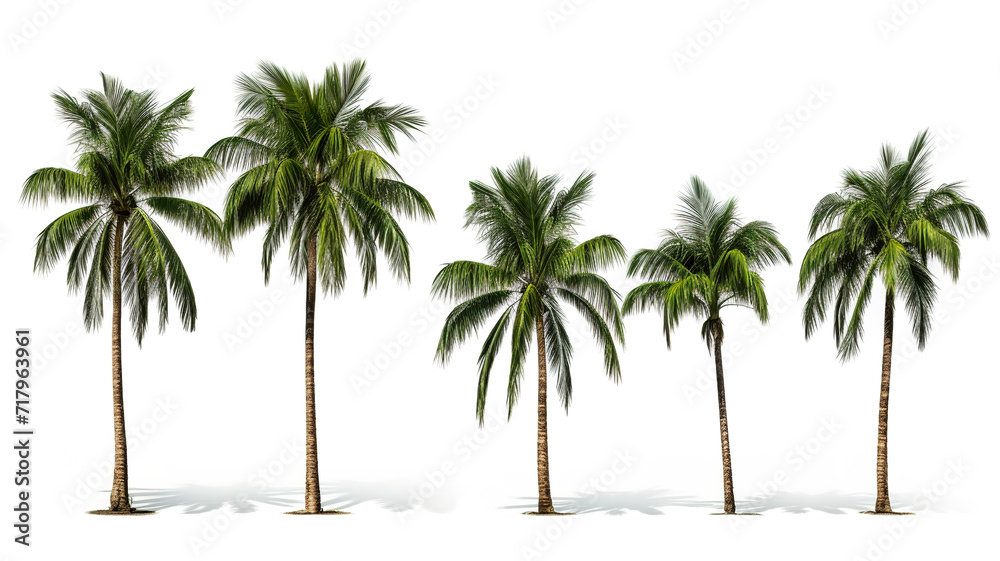 Obraz premium A group of green-leafed coconut palm trees isolated on a white background