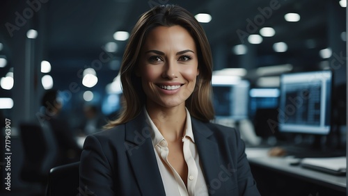 Portrait of a confident professional woman in office environment background smiling at camera at night shift from Generative AI