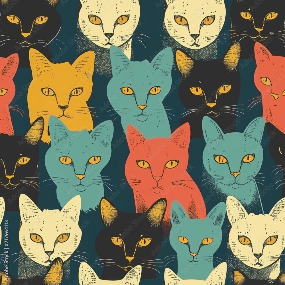 Retro seamless pattern of bright colorful cats. Abstract background Retro seamless pattern of bright colorful cats. Abstract background