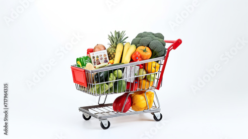 A grocery cart and a shopping background isolated on a white background