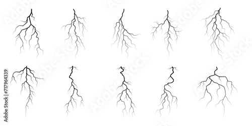 Vector lightning silhouettes set. Thunderstorm design. Vector illustration