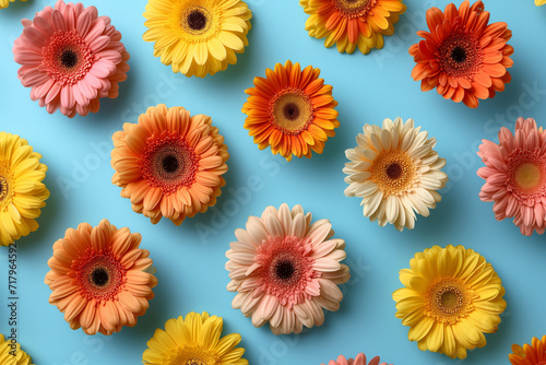 Gerbera flowers of different colours on a blue background © Alina Zavhorodnii