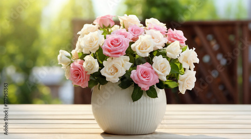 a vase filled with pink and white flowers on a table outside of a house with a wooden fence in the background, generative ai