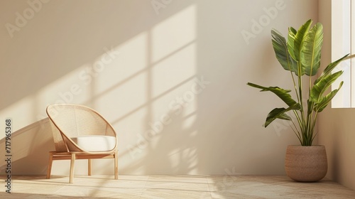 Interior of a bright spacious room with sunny days on the wall. Apartment with an empty wall  a chair and an indoor flower - palm tree. Interior Design.
