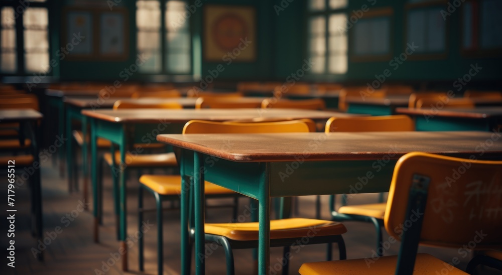 Empty school office without children. Orange wooden desks on green legs. Interior of a school, classroom, summer vacation.