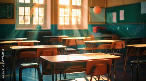 Empty school office without children. Orange wooden desks on green legs. Interior of a school, classroom, summer vacation.