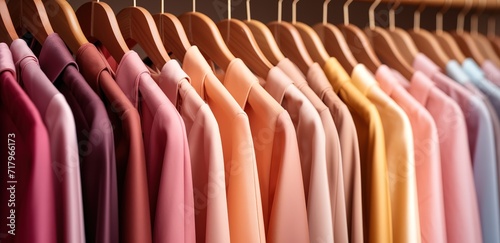 Rows of colorful clothes hanging on the shelves. generative AI