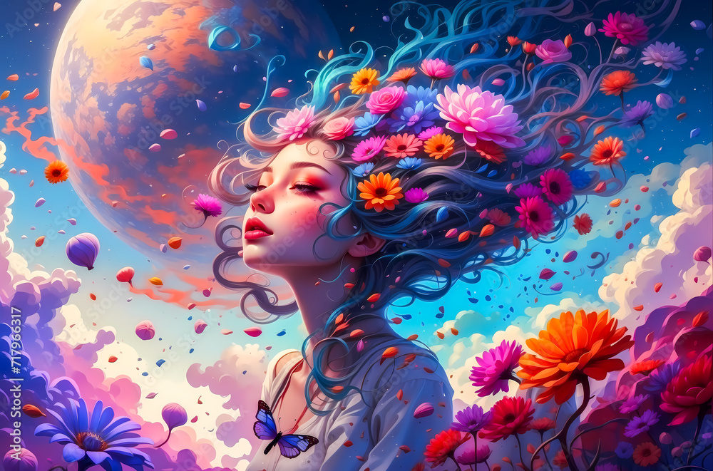 Illustration of a God Woman as the Protector of the Earth, Blooming with Flowers in a New World, Overseeing a Flourishing Planet
