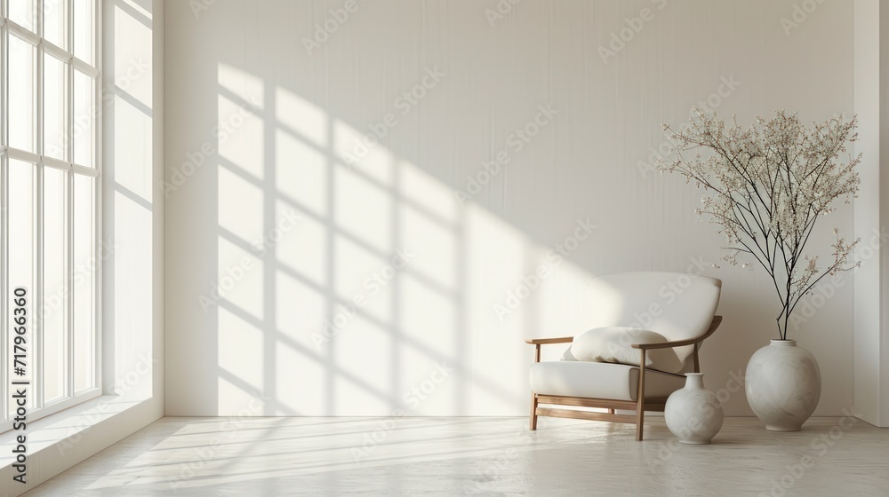 Fototapeta premium Interior of a bright spacious room with sunny shadows on the wall. Apartment with an empty wall, a chair and an indoor flower - a palm tree. Interior Design.