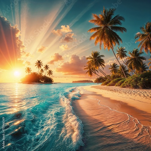 tropical beach with palm trees and a sunset in the background