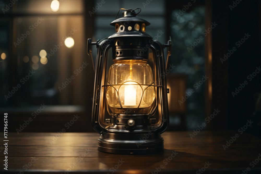 Ornamental Arabic lantern with burning candle glowing at night and glittering golden bokeh lights. Festive greeting card, invitation for Muslim holy month Ramadan Kareem. Dark background. Ai Generate