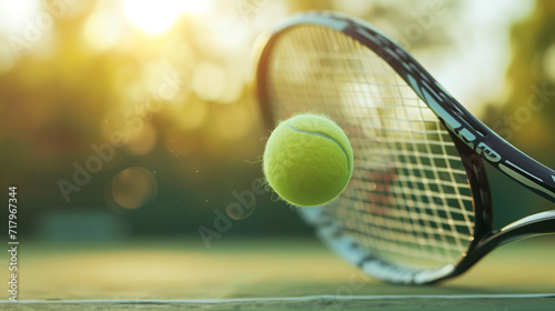 Big tennis, racket hitting the ball close-up ball lying on the racket
