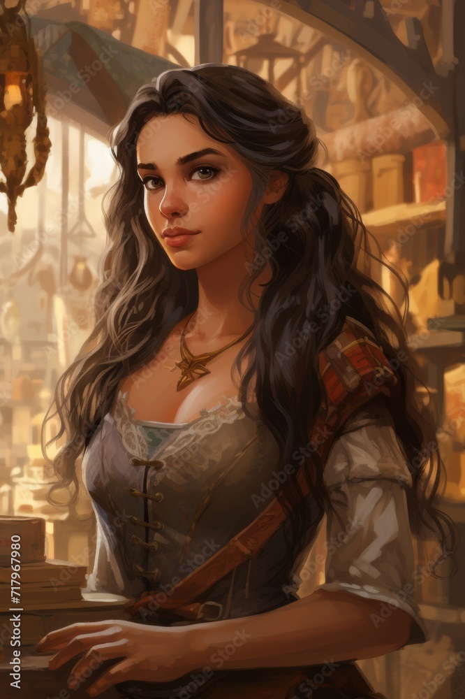 medieval, teen human female, background is a small general store