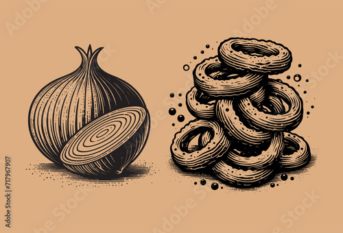 Fried onion rings.  Vintage engraved black illustration. Simple vector icon, logo. Line art. Isolated objects