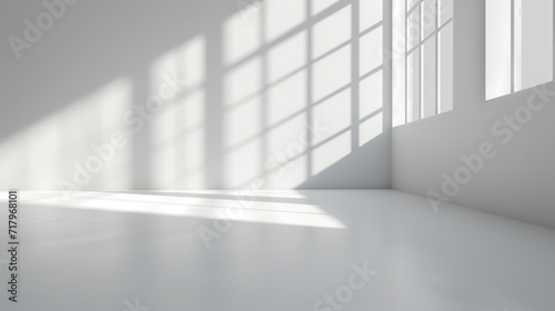 Abstract white studio background for product presentation. Empty room with shadows of window. Display product with blurred backdrop. Soft focus, Ai generated image © Trendy Image Two