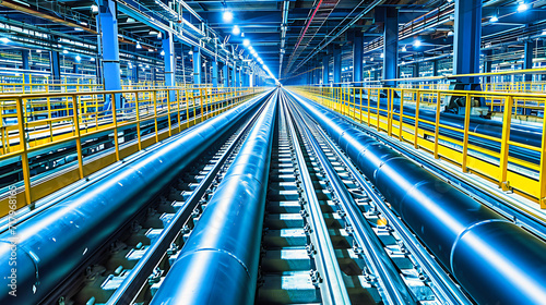 Industrial Steel Pipes in a Factory: Shiny Metal Tubes in a Manufacturing Plant