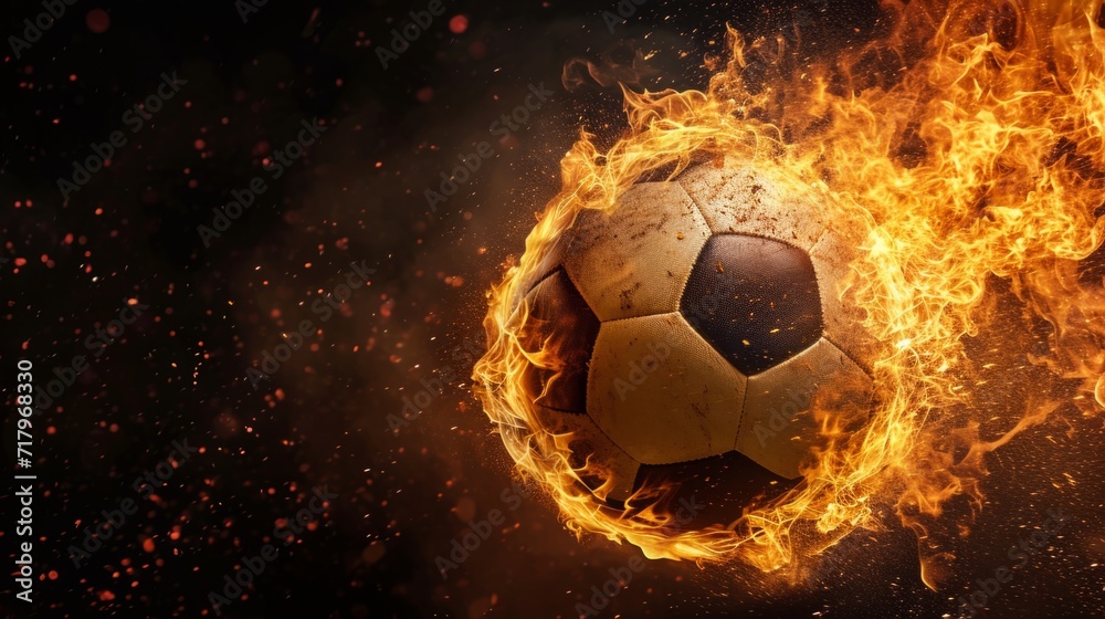 Fototapeta premium Professional Football ball Sports Equipment in fire flying on the black background. Horizontal Illustration. Sporting Gear Ai Generated Illustration with Active Game Football ball Sports Equipment.