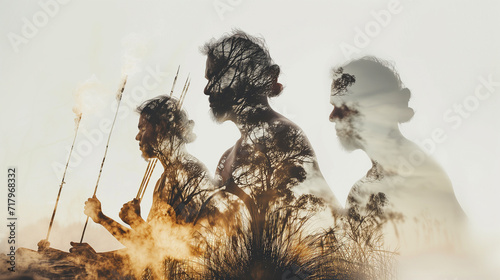 Australian Aboriginal cultural smoke ceremony, double exposure
