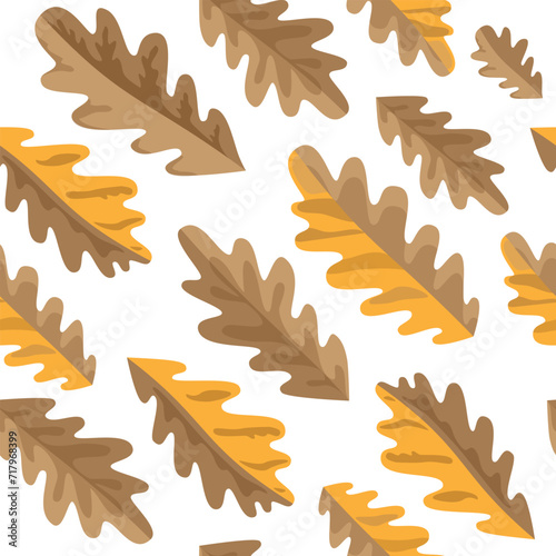 Seamless pattern of autumn oak leaves isolated on white background. Hand drawn vector illustration.