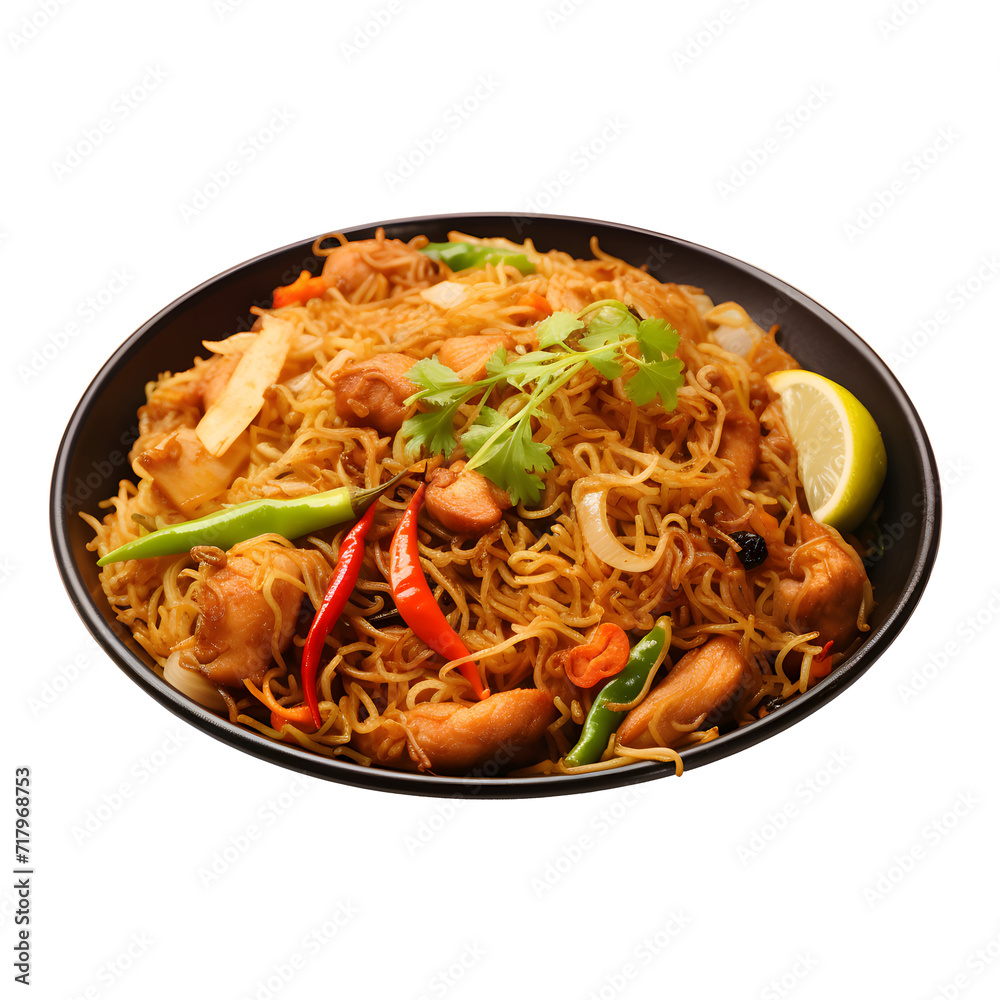 Stir fry noodles with vegetables and beef in black bowl. on a png background Stir fry noodles with vegetables and beef in black bowl. on a png background