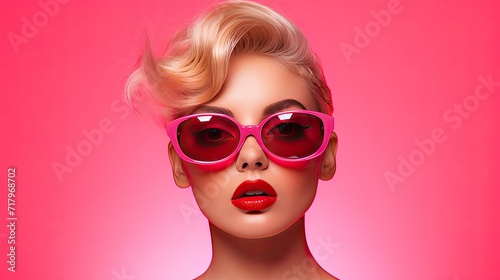portrait of a blonde girl with sunglasses on pink