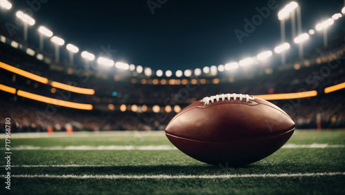 Pallone da football americano sul prato del campo dello stadio di una città americana la sera con le luci accese