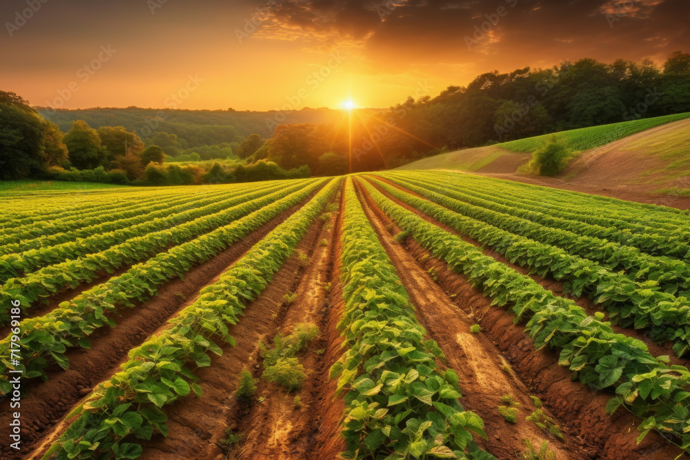 Farmland crops at sunset