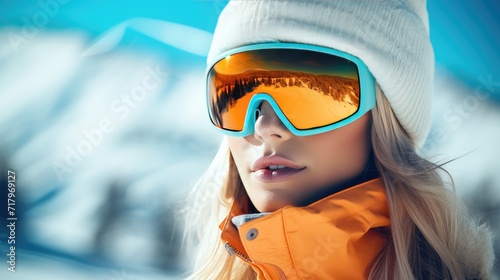 girl in goggles on background of snowy mountains at the ski resort adventures