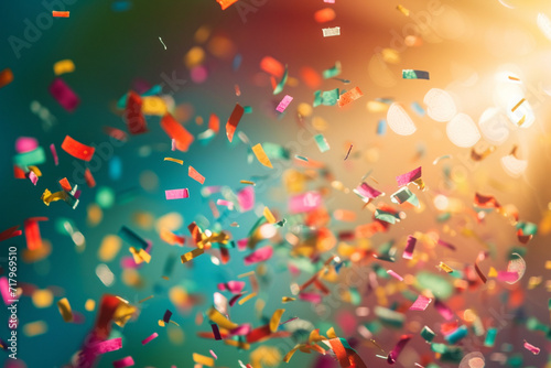 A cascade of rainbow confetti on a sunlit carnival setting, colorful background, Carnival