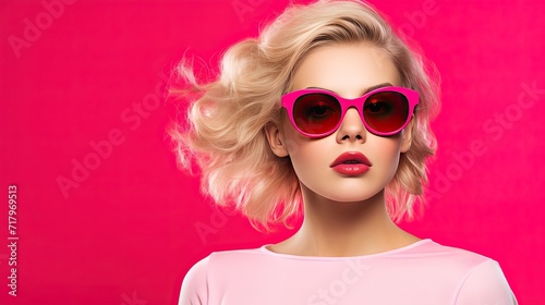 portrait of a woman  with pink hair and sunglasses on pink