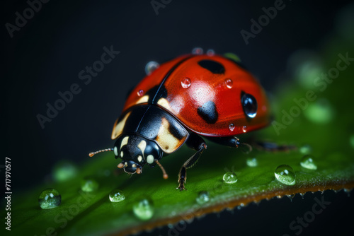 Ladybug covered in water droplets on a leaf, close-up photo