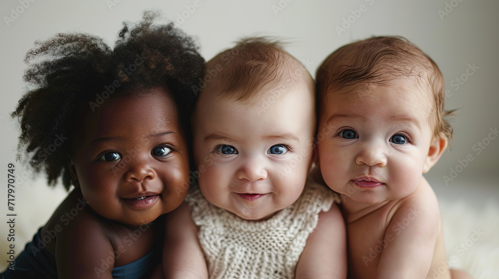 Charming diverse little children against white backdrop, gazes confidently into the camera, smiles. Childhood innocence and diversity, happy children Charming diverse little children against white backdrop, gazes confidently into the camera, smiles. Childhood innocence and diversity, happy children