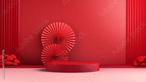 Chinese new year  Red podium display mockup on red abstract background with red hand paper fan  Stage for product minimal presentation  3d rendering.